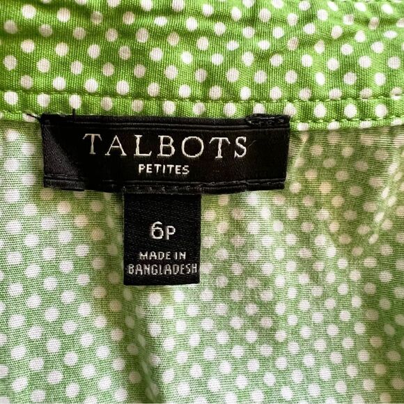 Talbots Petites Sleeveless Faux Wrap Style Blouse 6P Green White Polka Dots - Picture 6 of 7